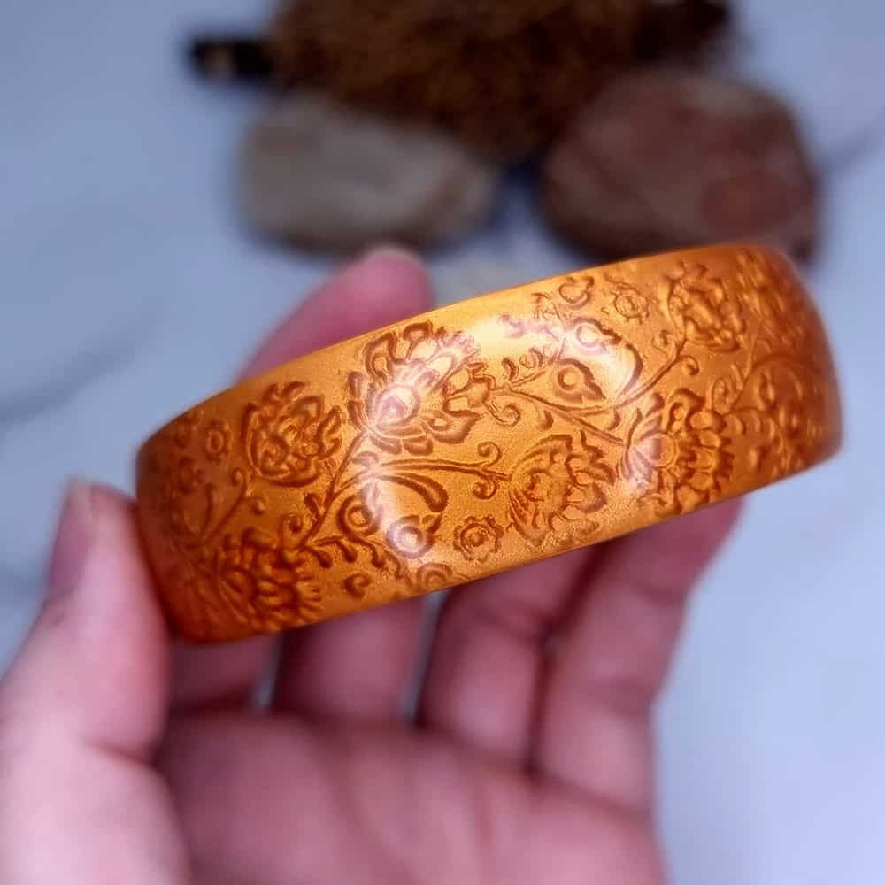 Ukrainian Motifs polymer clay bracelet in copper and orange by SweetyBijou