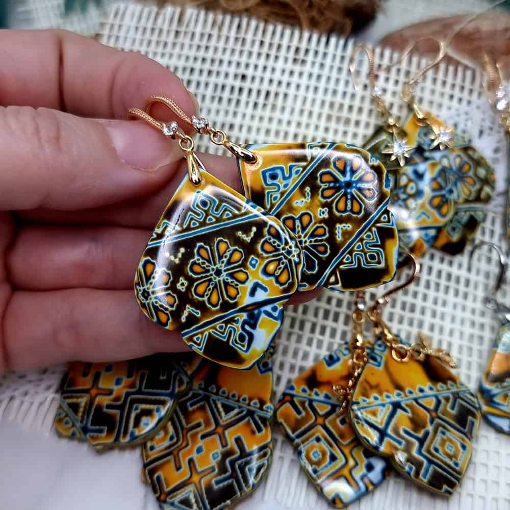 Ukrainian Motifs polymer clay earrings in amber and blue by SweetyBijou