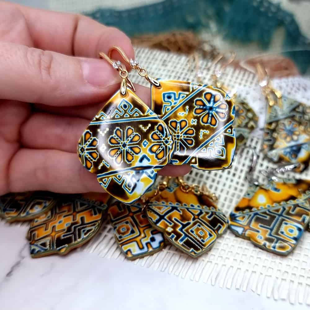 Ukrainian Motifs polymer clay earrings in amber and blue by SweetyBijou