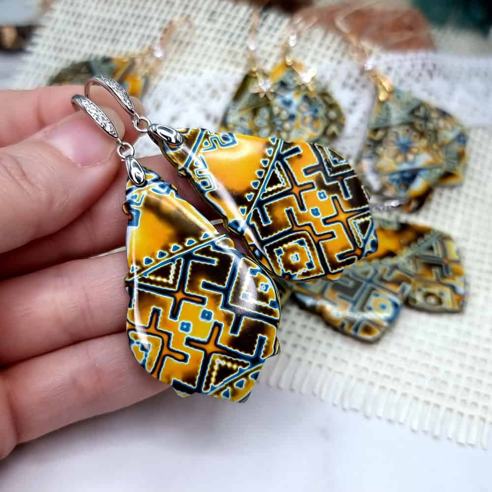 Ukrainian Motifs polymer clay earrings in yellow and blue by SweetyBijou