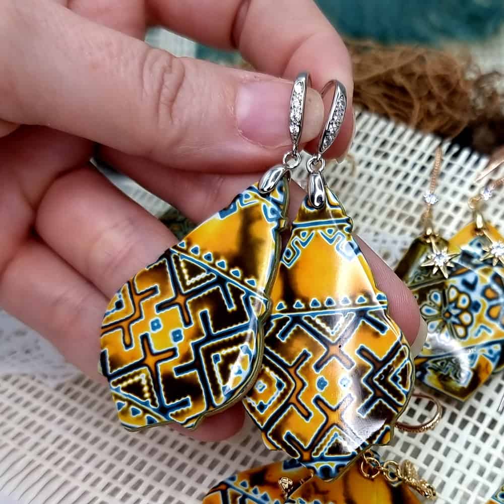Ukrainian Motifs polymer clay earrings in yellow and blue by SweetyBijou