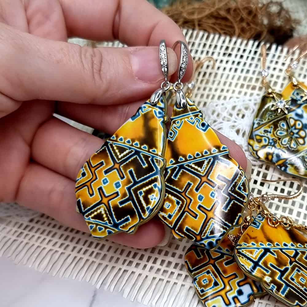 Ukrainian Motifs polymer clay earrings in yellow and blue by SweetyBijou