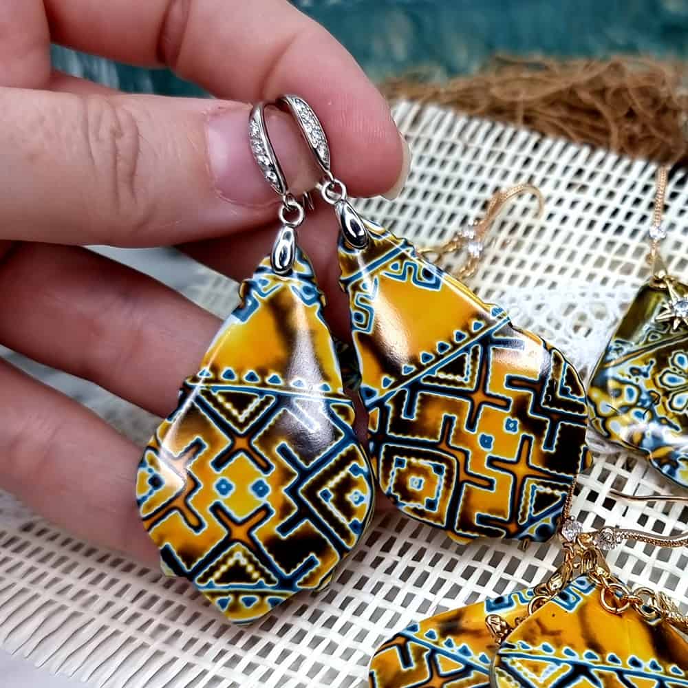 Ukrainian Motifs polymer clay earrings in yellow and blue by SweetyBijou