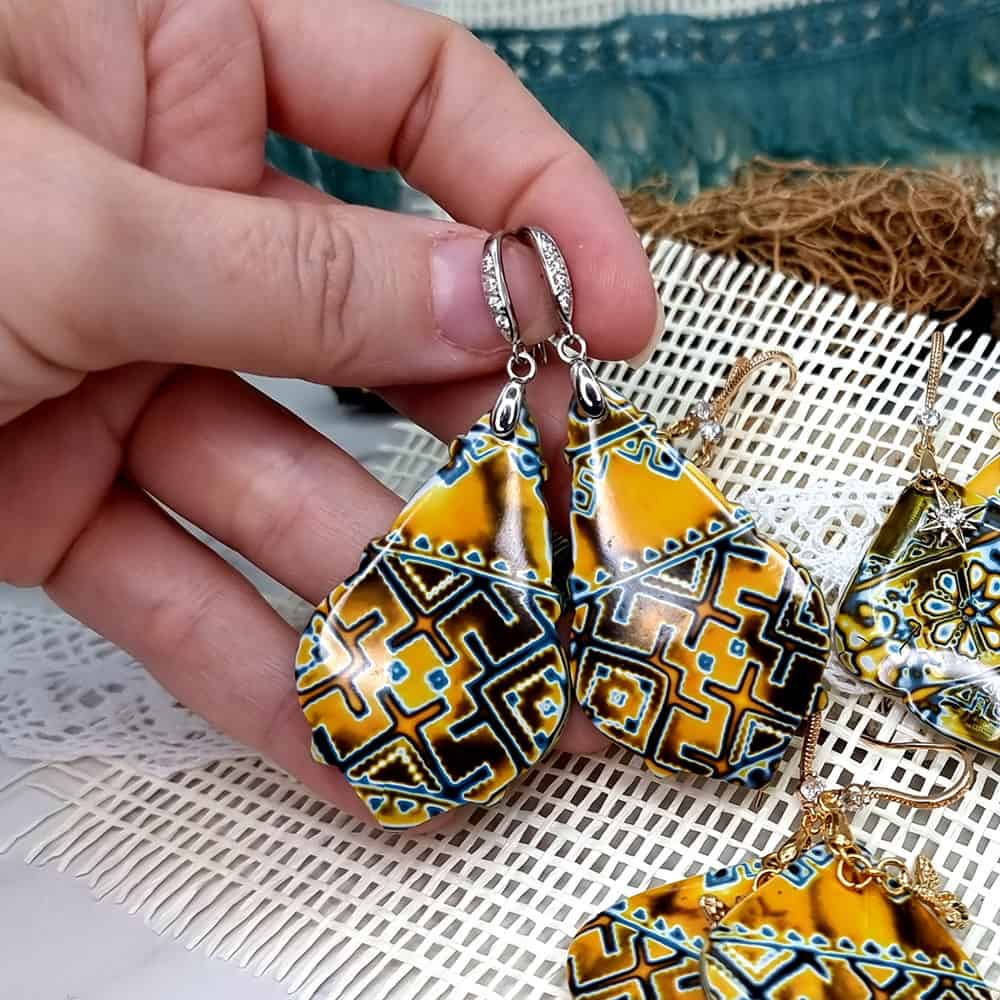 Ukrainian Motifs polymer clay earrings in yellow and blue by SweetyBijou