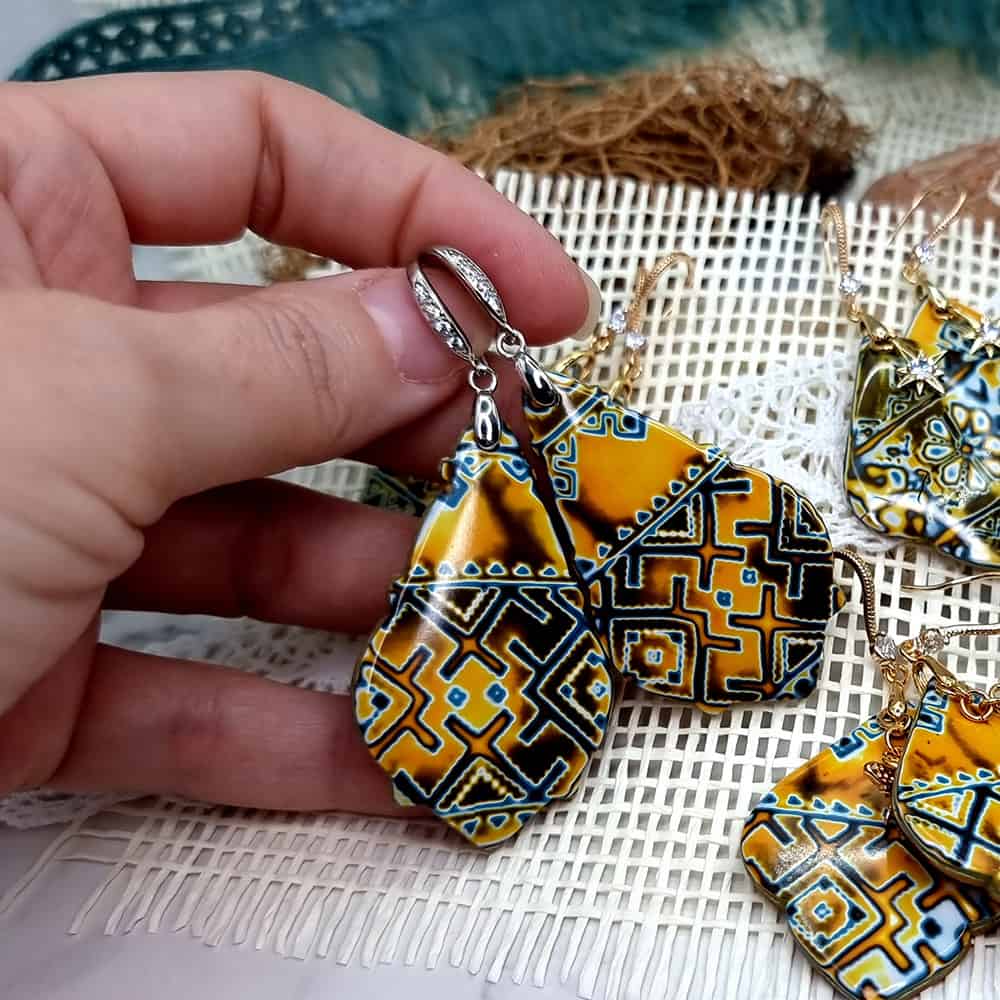 Ukrainian Motifs polymer clay earrings in yellow and blue by SweetyBijou