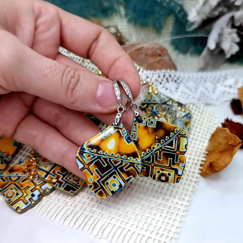 Ukrainian Motifs polymer clay earrings in amber and blue by SweetyBijou