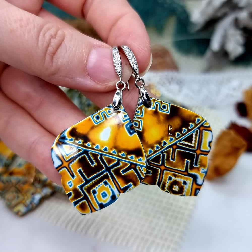 Ukrainian Motifs polymer clay earrings in amber and blue by SweetyBijou