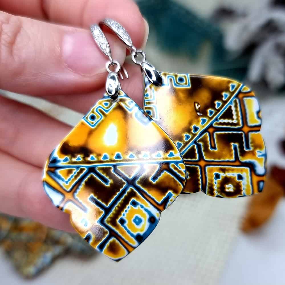 Ukrainian Motifs polymer clay earrings in amber and blue by SweetyBijou