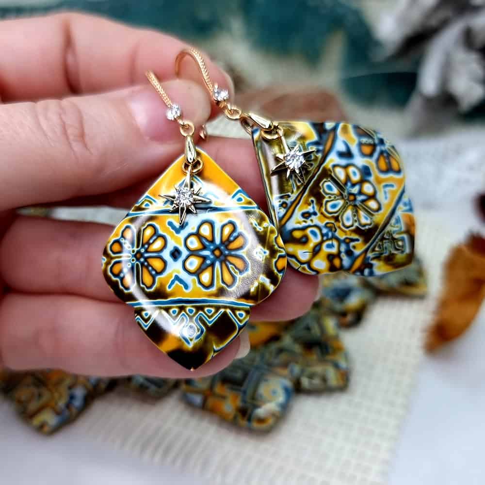 Ukrainian Motifs polymer clay earrings in amber and blue by SweetyBijou