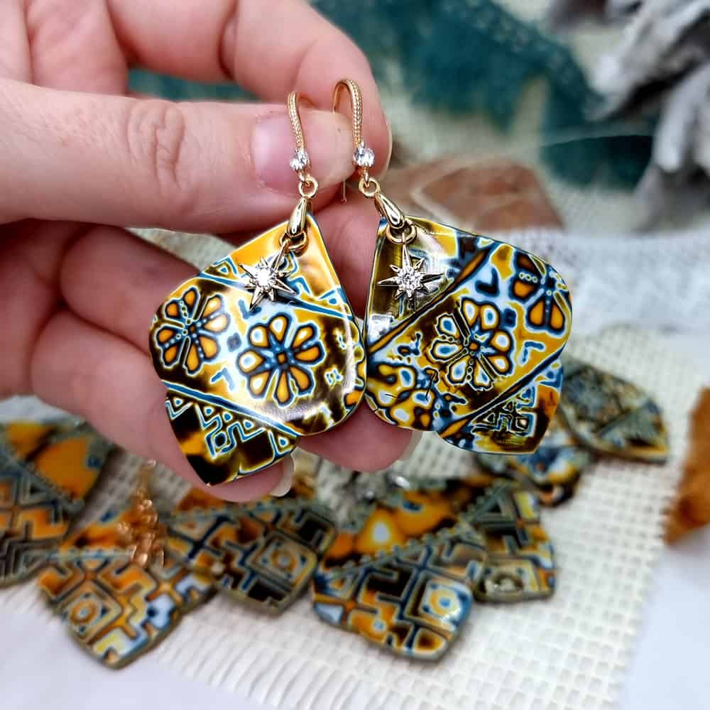 Ukrainian Motifs polymer clay earrings in amber and blue by SweetyBijou