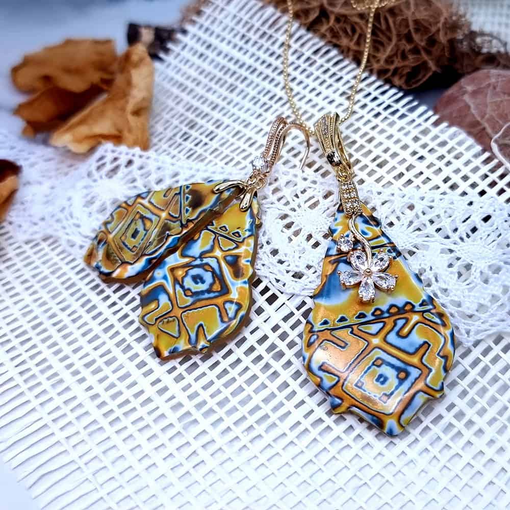 Ukrainian Motifs polymer clay earrings in amber and blue by SweetyBijou