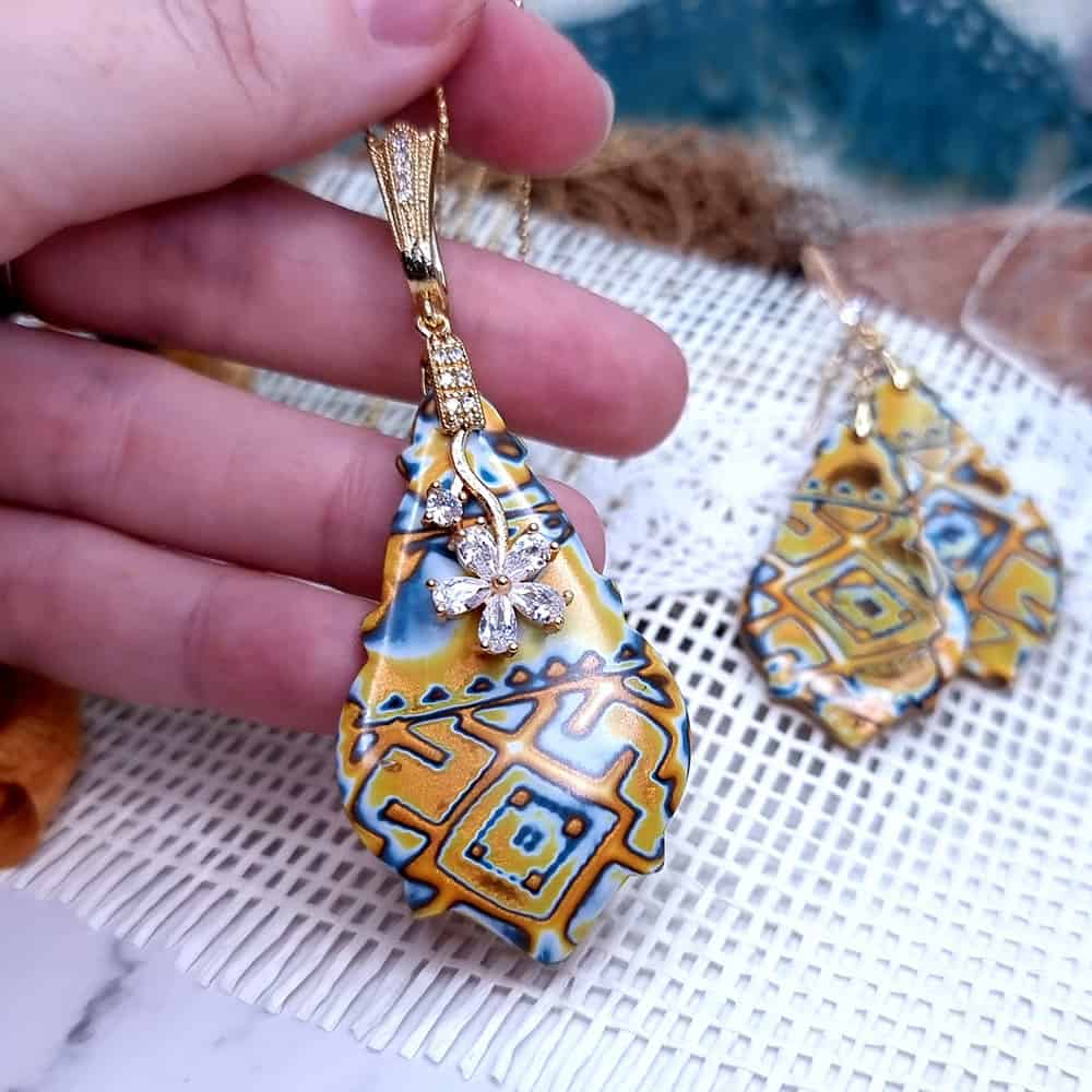 Ukrainian Motifs polymer clay earrings in amber and blue by SweetyBijou