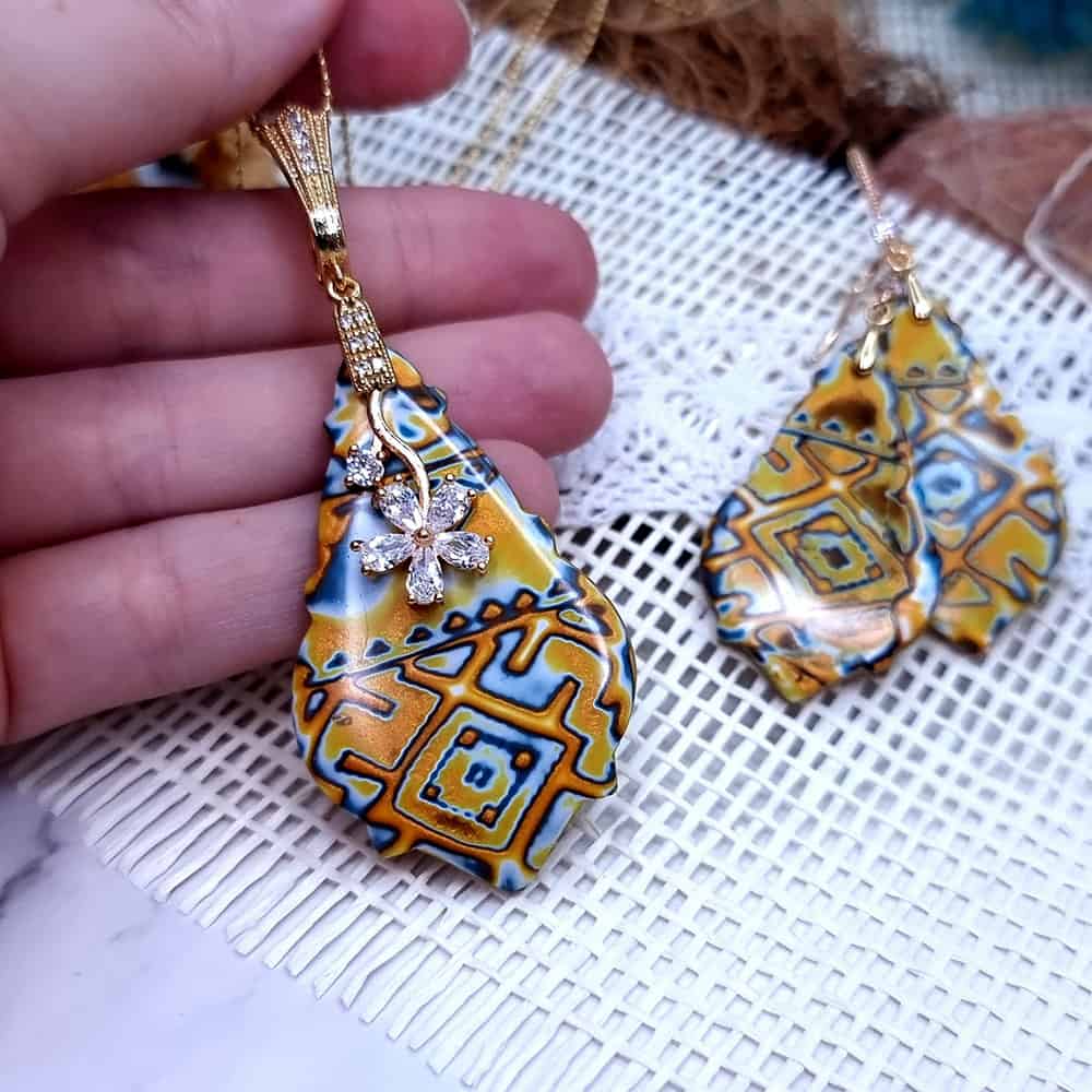 Ukrainian Motifs polymer clay earrings in amber and blue by SweetyBijou