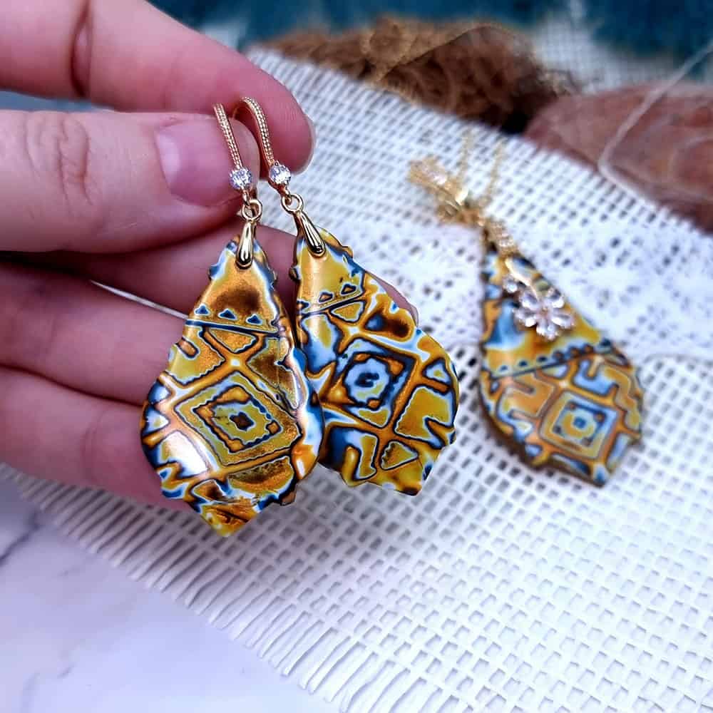 Ukrainian Motifs polymer clay earrings in amber and blue by SweetyBijou