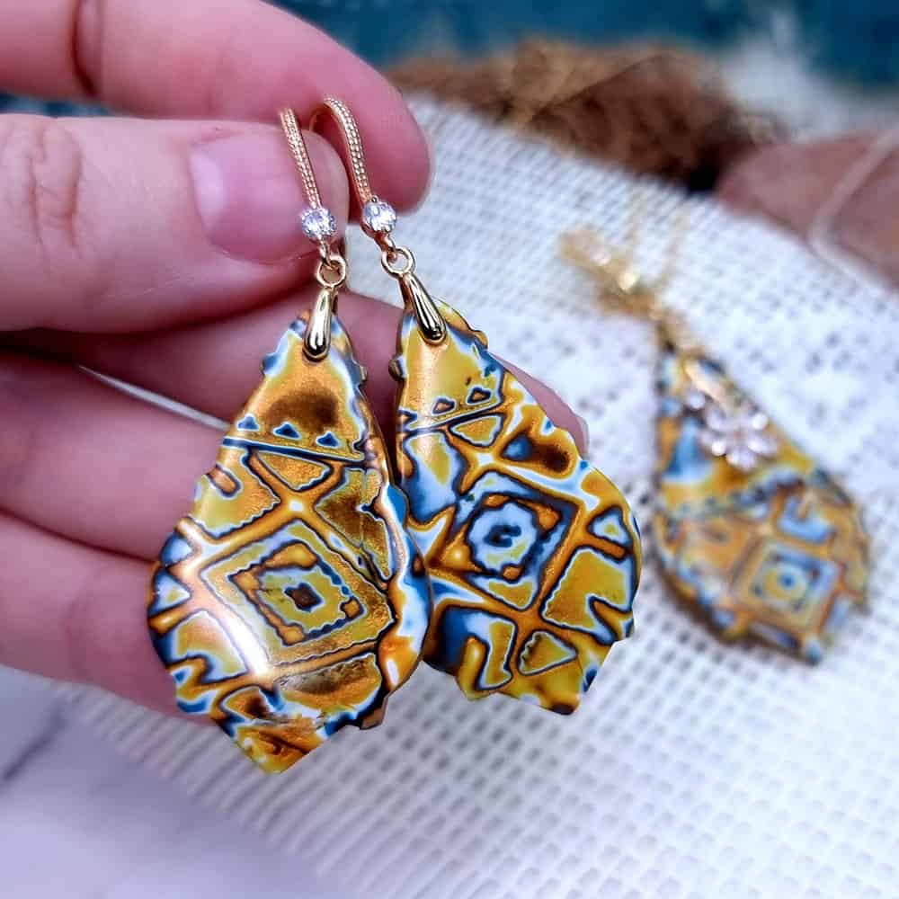Ukrainian Motifs polymer clay earrings in amber and blue by SweetyBijou