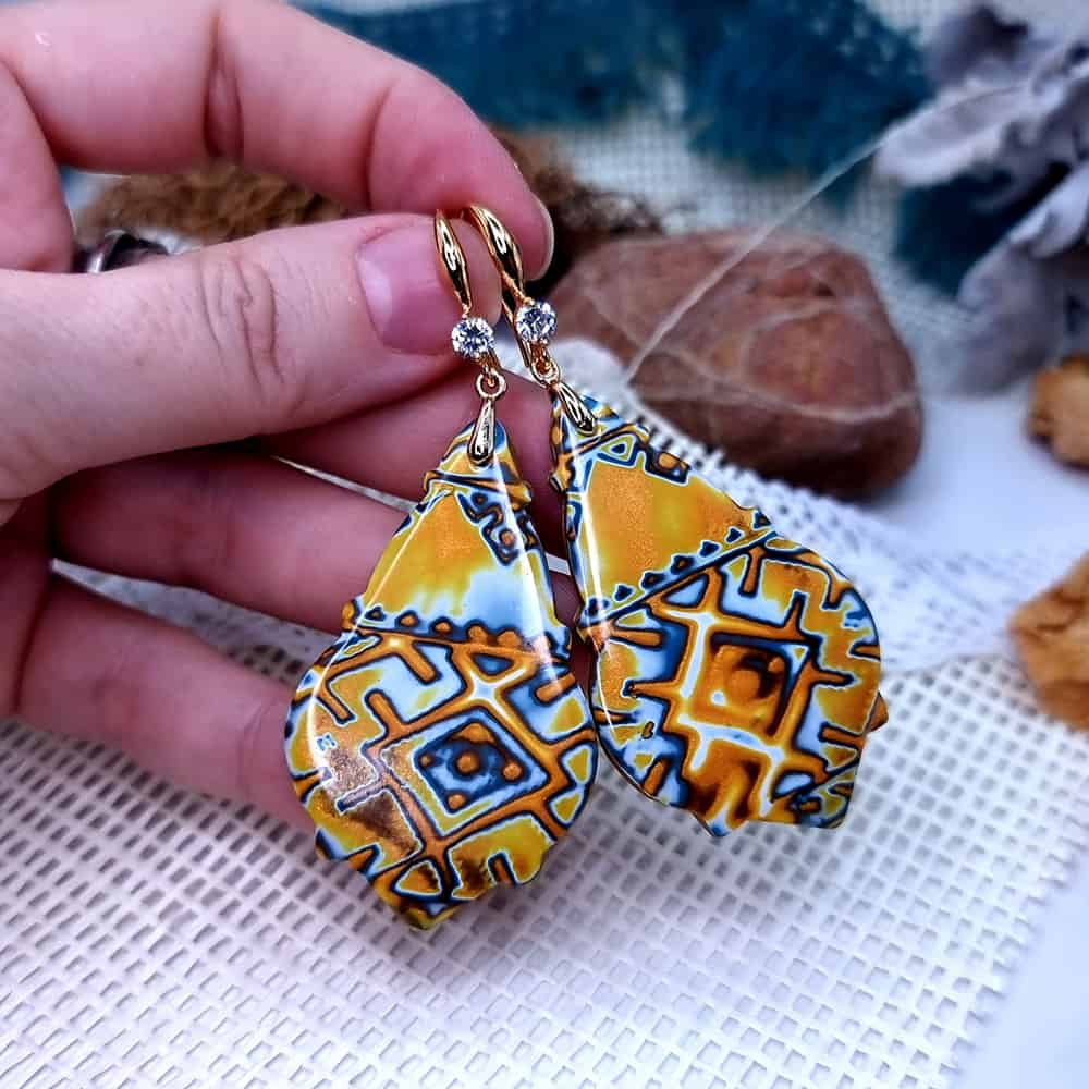 Ukrainian Motifs polymer clay earrings in amber and blue by SweetyBijou
