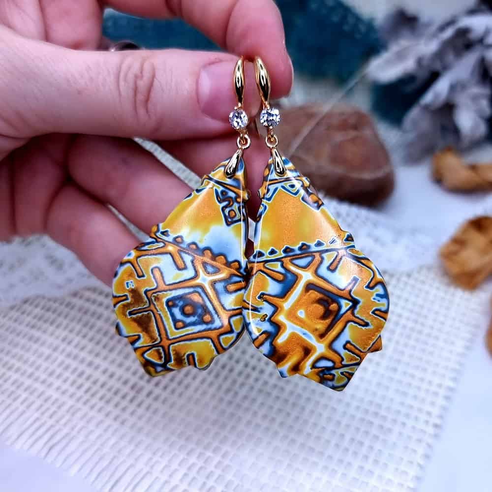Ukrainian Motifs polymer clay earrings in amber and blue by SweetyBijou