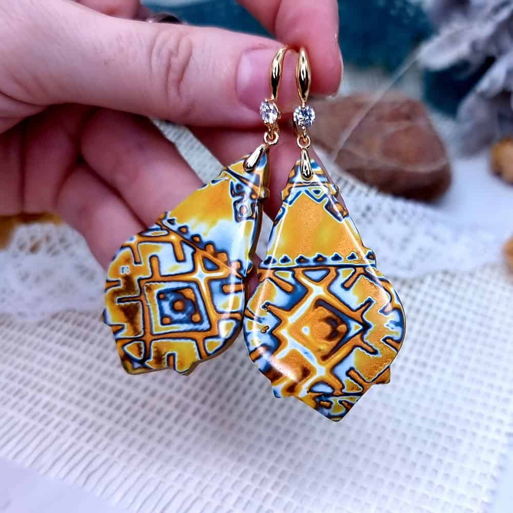 Ukrainian Motifs polymer clay earrings in amber and blue by SweetyBijou