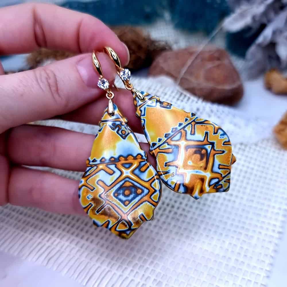 Ukrainian Motifs polymer clay earrings in amber and blue by SweetyBijou