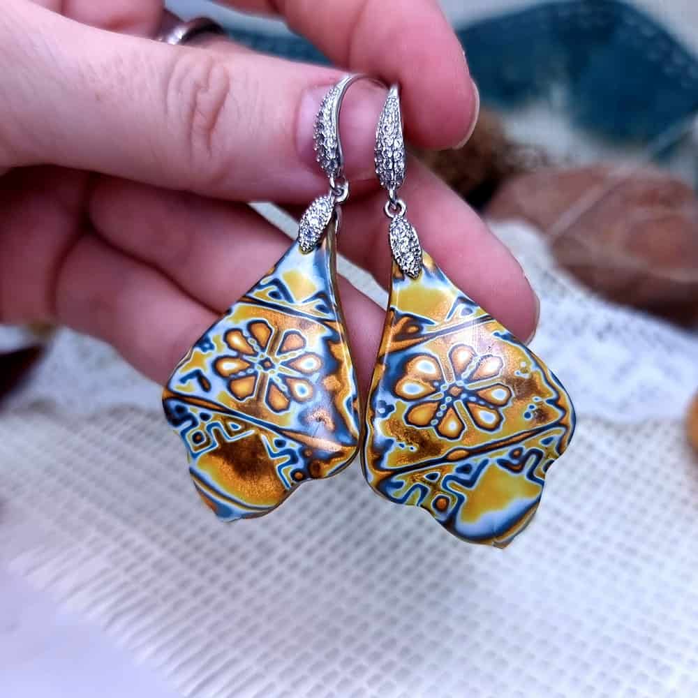 Ukrainian Motifs polymer clay earrings in amber and blue by SweetyBijou