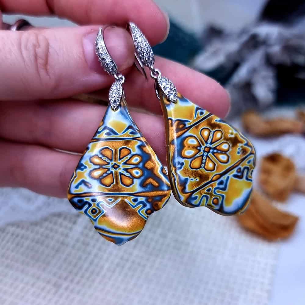 Ukrainian Motifs polymer clay earrings in amber and blue by SweetyBijou