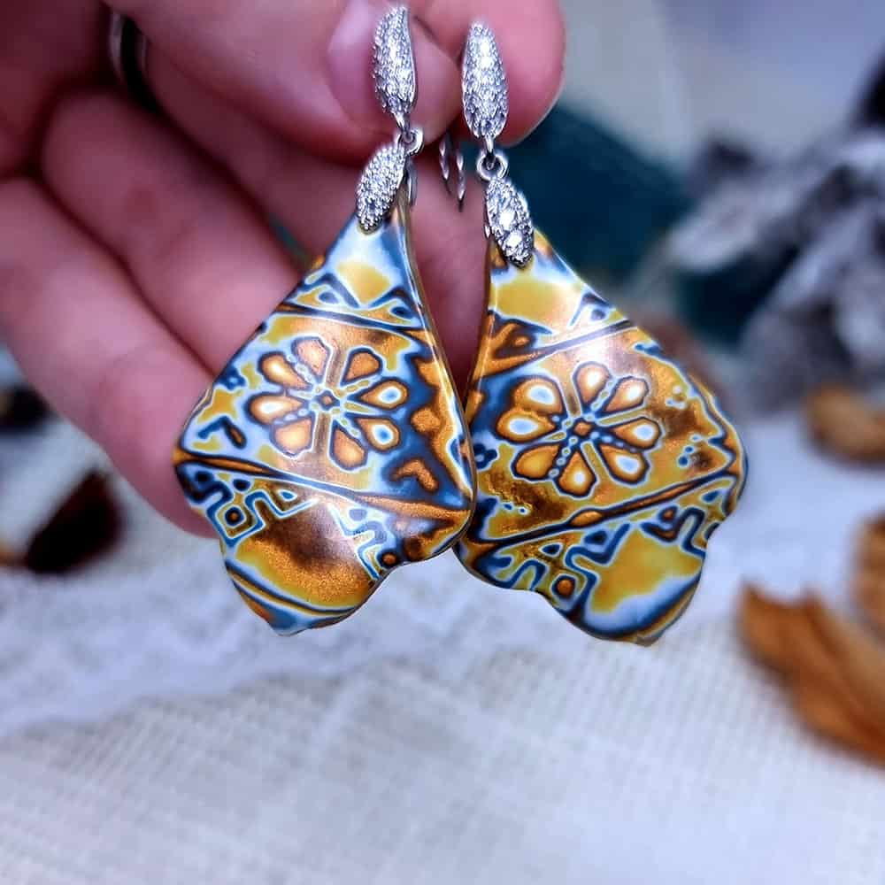 Ukrainian Motifs polymer clay earrings in amber and blue by SweetyBijou
