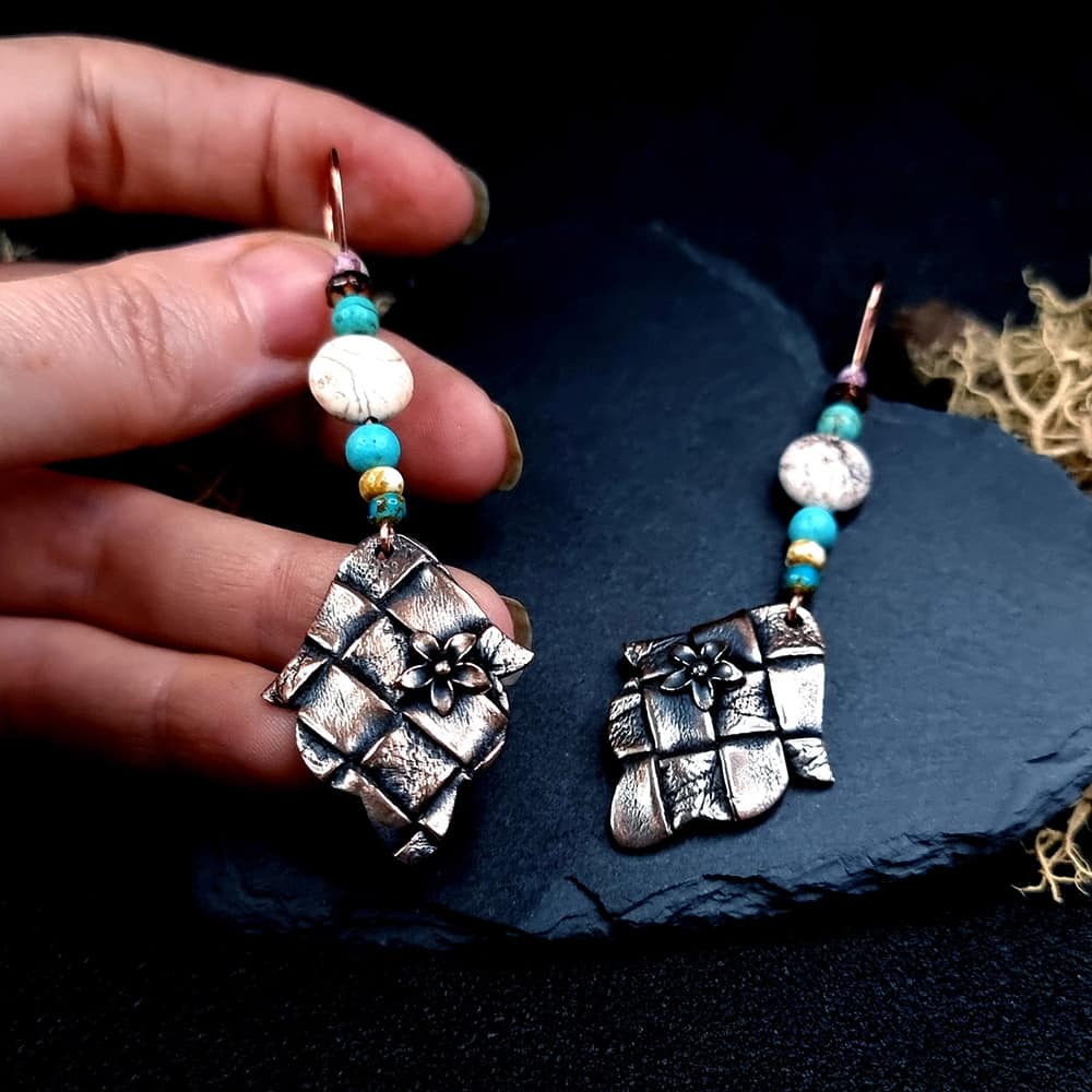 Bronze Earrings with Leather Print and flowers Earrings SweetyBijou Jewelry