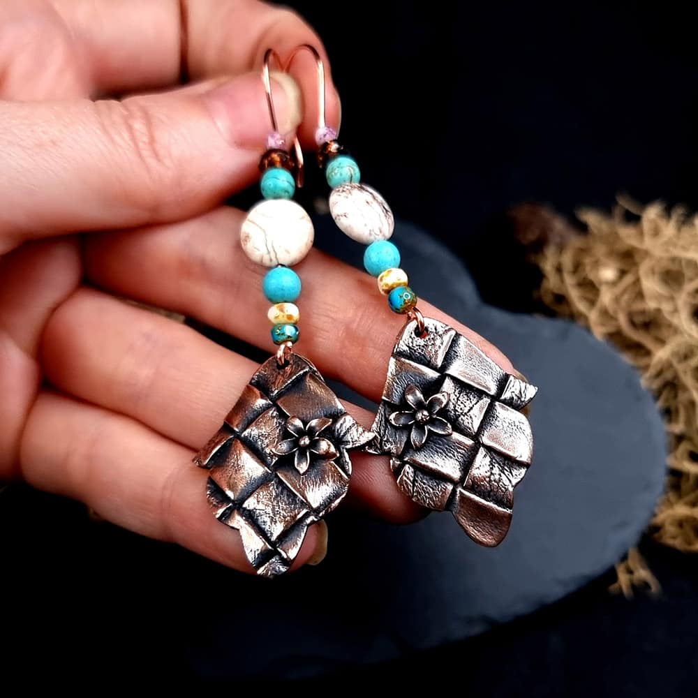 Bronze Earrings with Leather Print and flowers Earrings SweetyBijou Jewelry