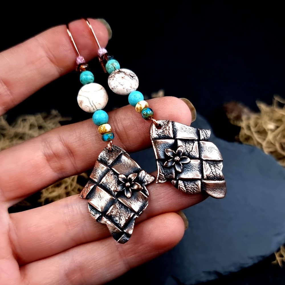 Bronze Earrings with Leather Print and flowers Earrings SweetyBijou Jewelry