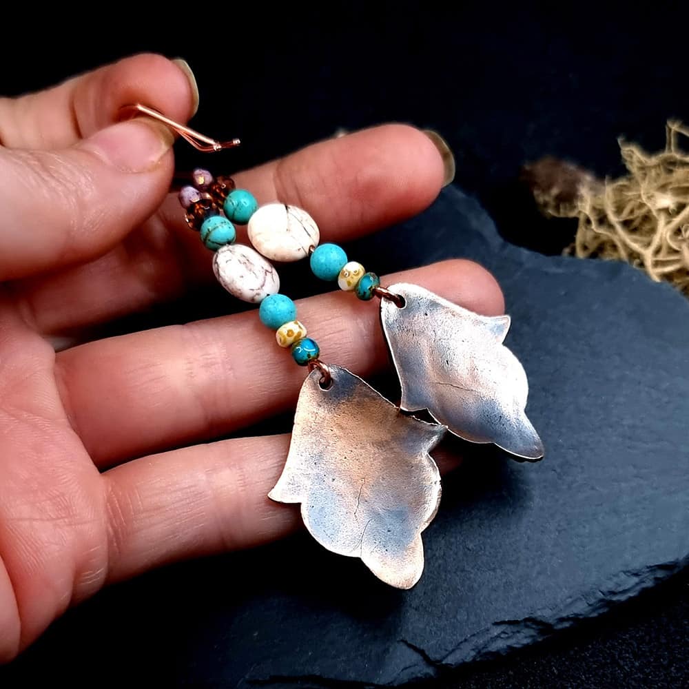 Bronze Earrings with Leather Print and flowers Earrings SweetyBijou Jewelry