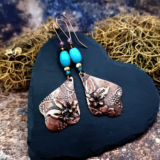 Amazing Copper Long Earrings with Flowers Earrings SweetyBijou Jewelry