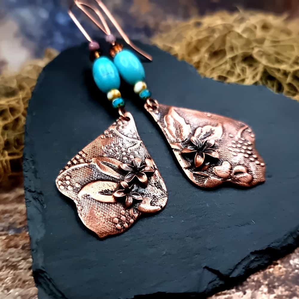 Amazing Copper Long Earrings with Flowers Earrings SweetyBijou Jewelry
