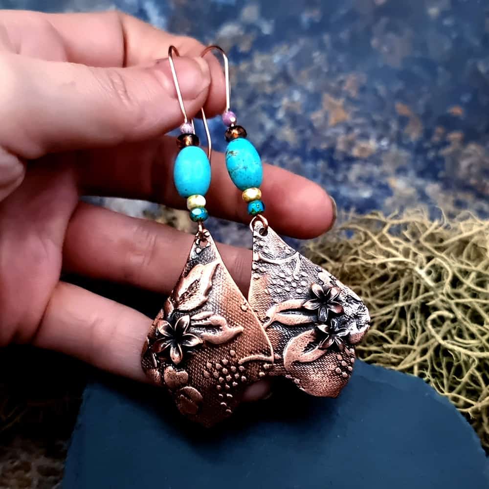 Amazing Copper Long Earrings with Flowers Earrings SweetyBijou Jewelry
