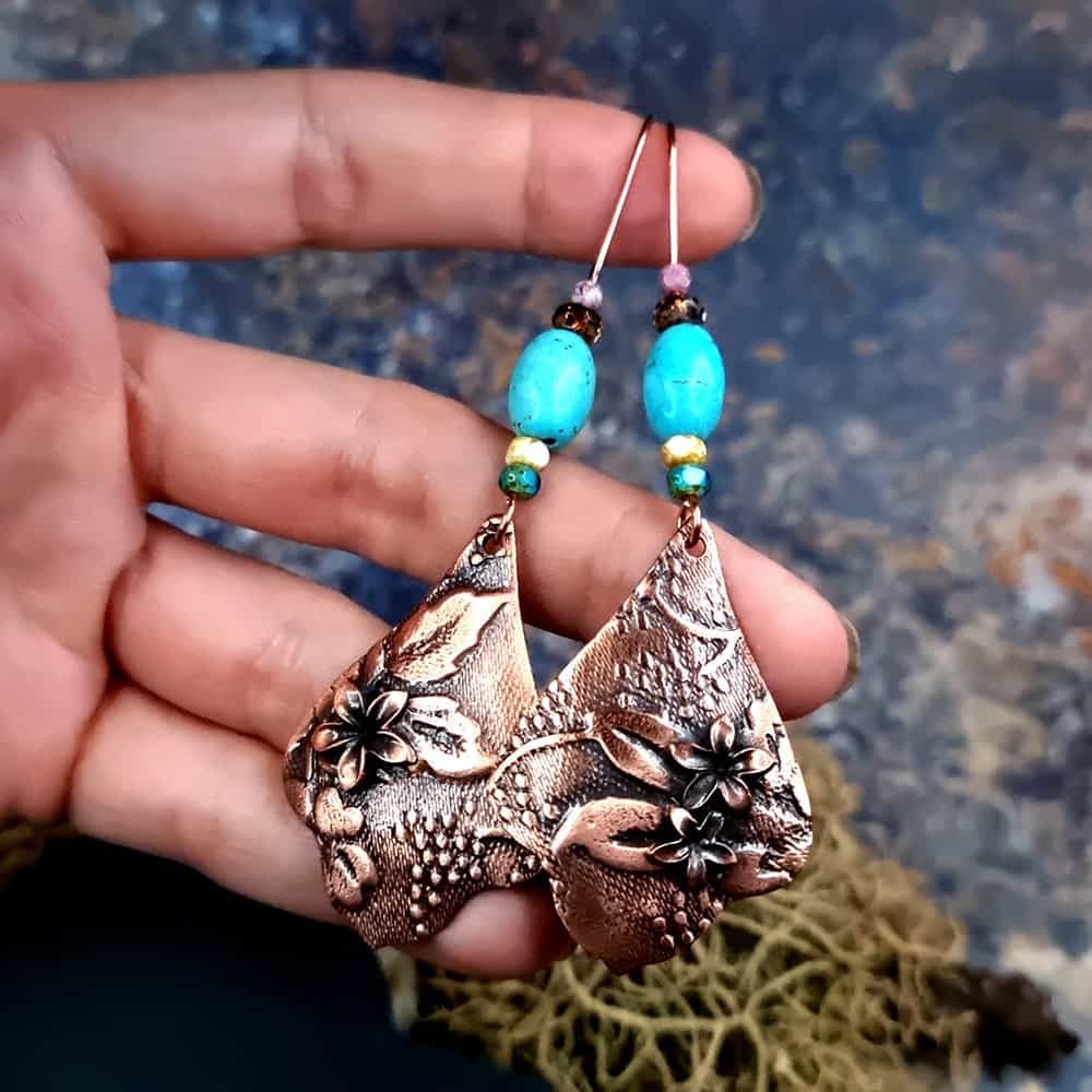 Amazing Copper Long Earrings with Flowers Earrings SweetyBijou Jewelry