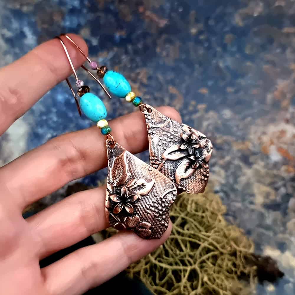 Amazing Copper Long Earrings with Flowers Earrings SweetyBijou Jewelry