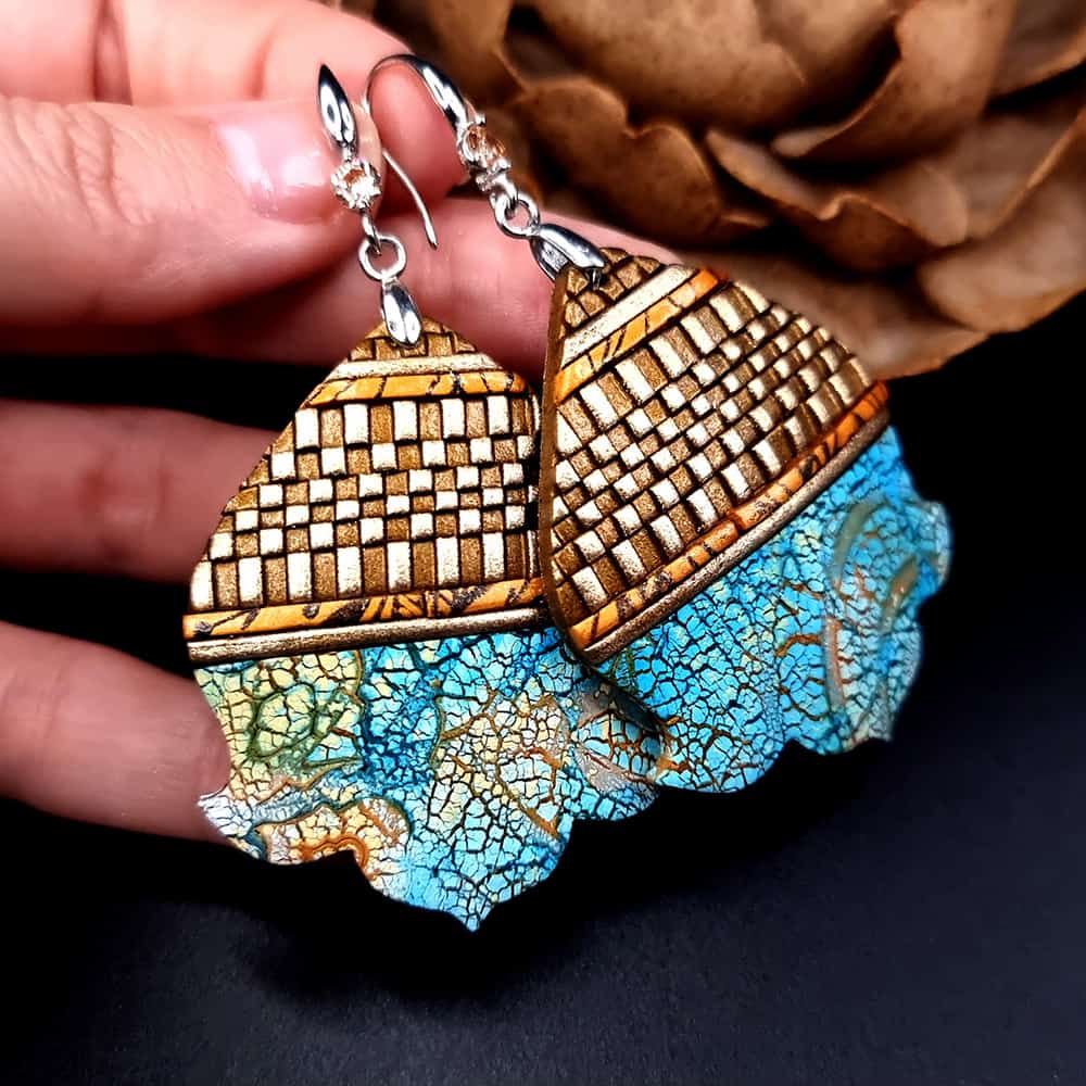 Moroccan Flowers polymer clay earrings in turquoise and gold by SweetyBijou