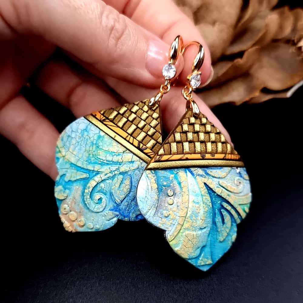 Fairy Tales of Morocco polymer clay earrings in turquoise and gold by SweetyBijou