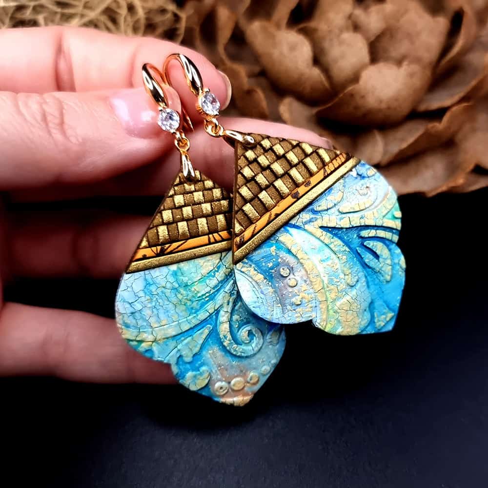 Fairy Tales of Morocco polymer clay earrings in turquoise and gold by SweetyBijou