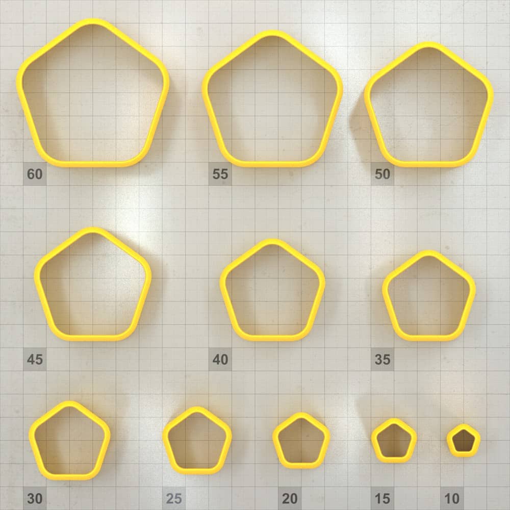 Rounded pentagon polymer clay cutters, graduated set of 11