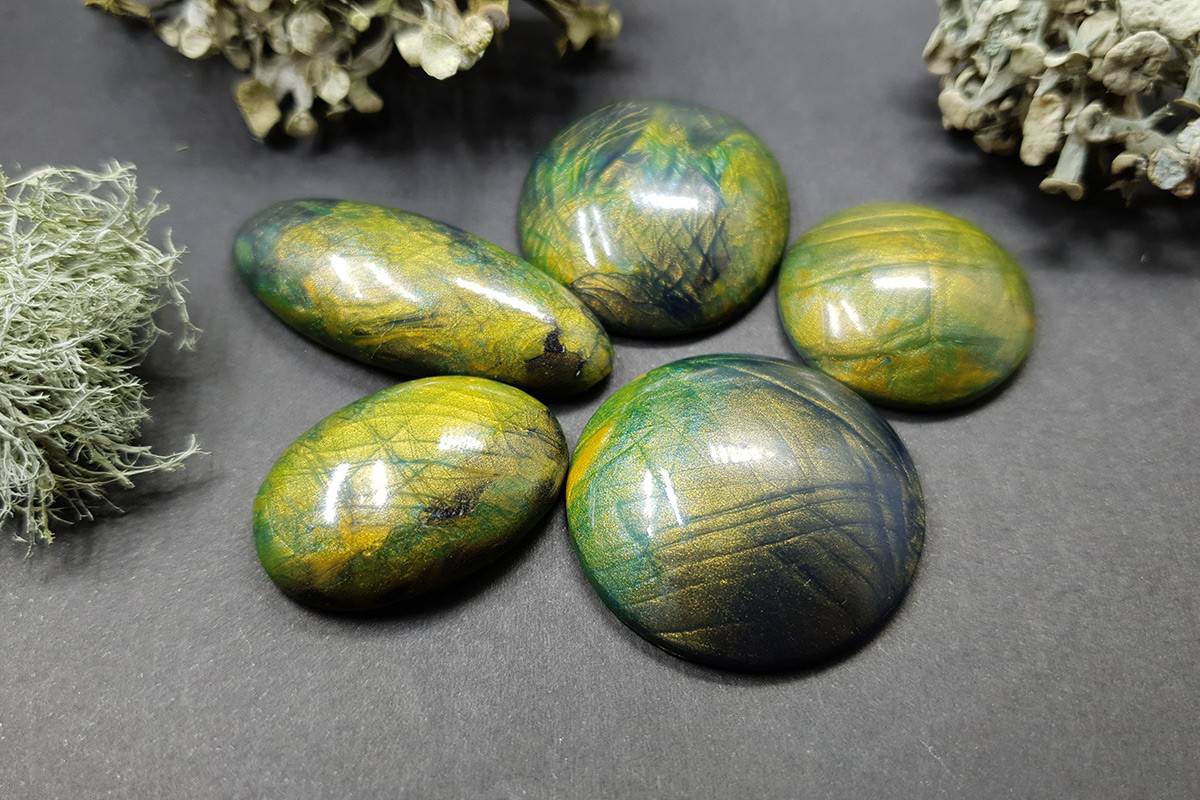 5 cabochons Faux Labradorite Stones, Polymer Clay Cabochons SweetyBijou Cabochons