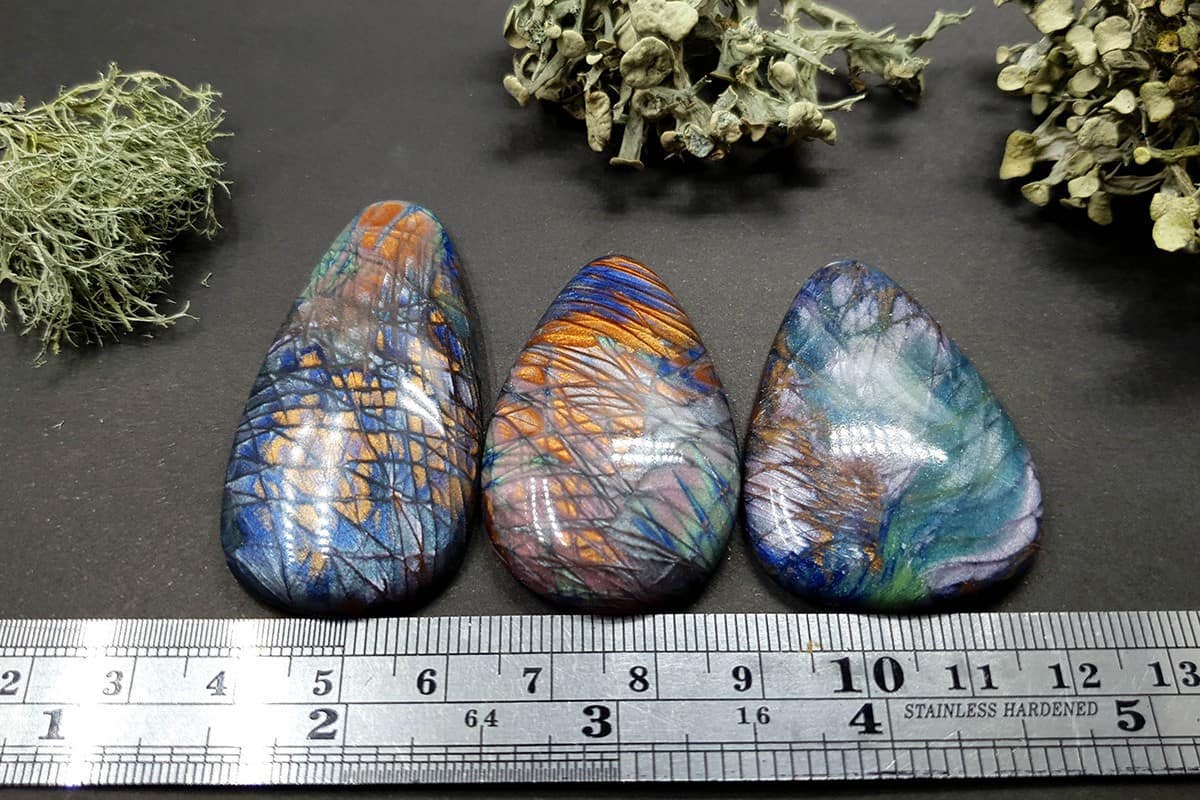 3 cabochons Faux Labradorite Stones, Polymer Clay Cabochons SweetyBijou Cabochons