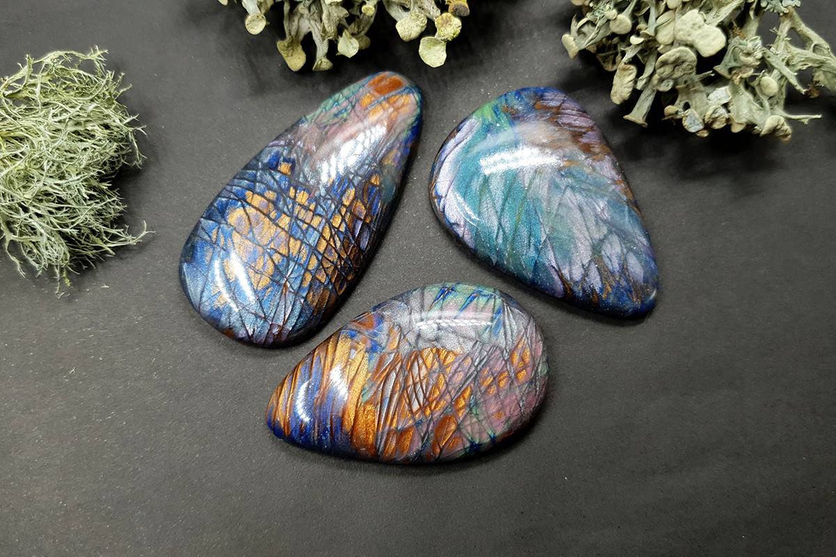 3 cabochons Faux Labradorite Stones, Polymer Clay Cabochons SweetyBijou Cabochons