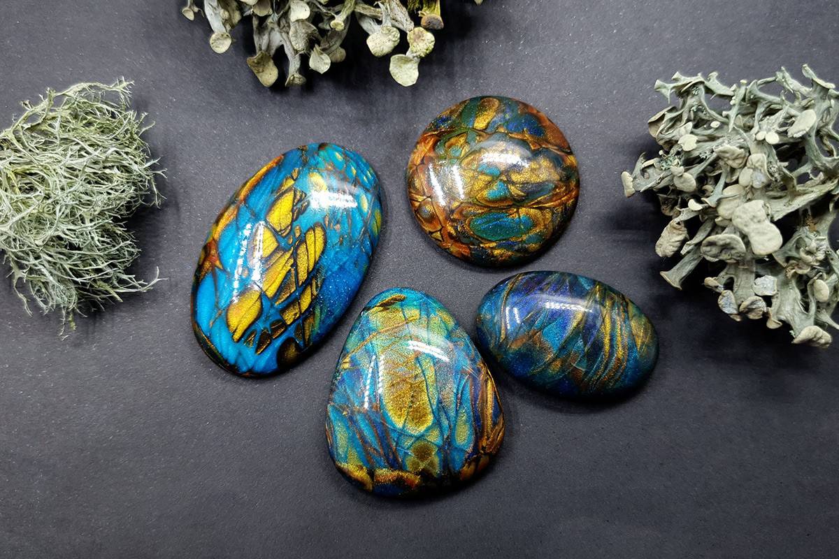 4 cabochons Faux Labradorite Stone, Polymer Clay Cabochons SweetyBijou Cabochons