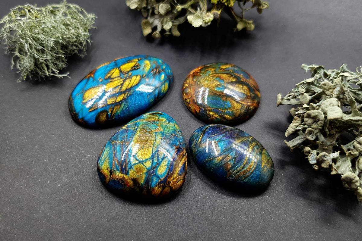 4 cabochons Faux Labradorite Stone, Polymer Clay Cabochons SweetyBijou Cabochons