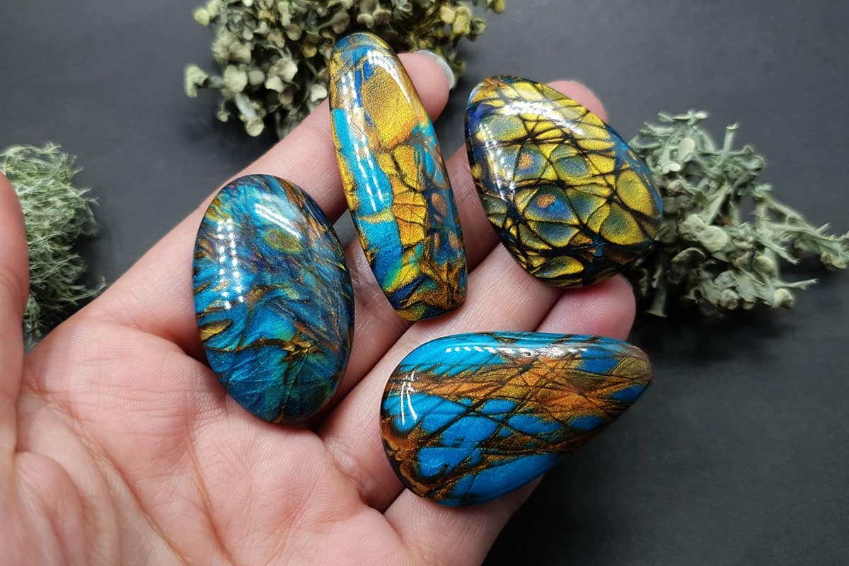 4 cabochons Faux Labradorite Stones, Polymer Clay Cabochons SweetyBijou Cabochons