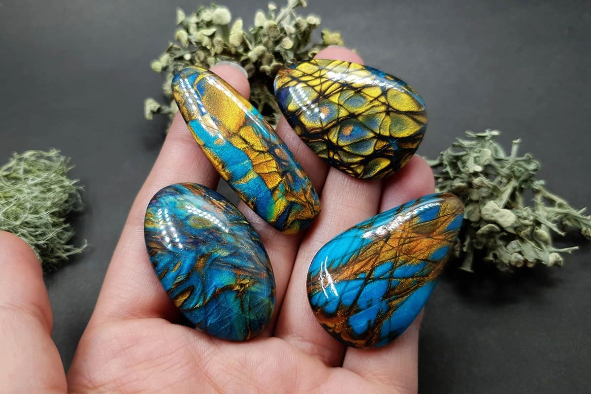 4 cabochons Faux Labradorite Stones, Polymer Clay Cabochons SweetyBijou Cabochons