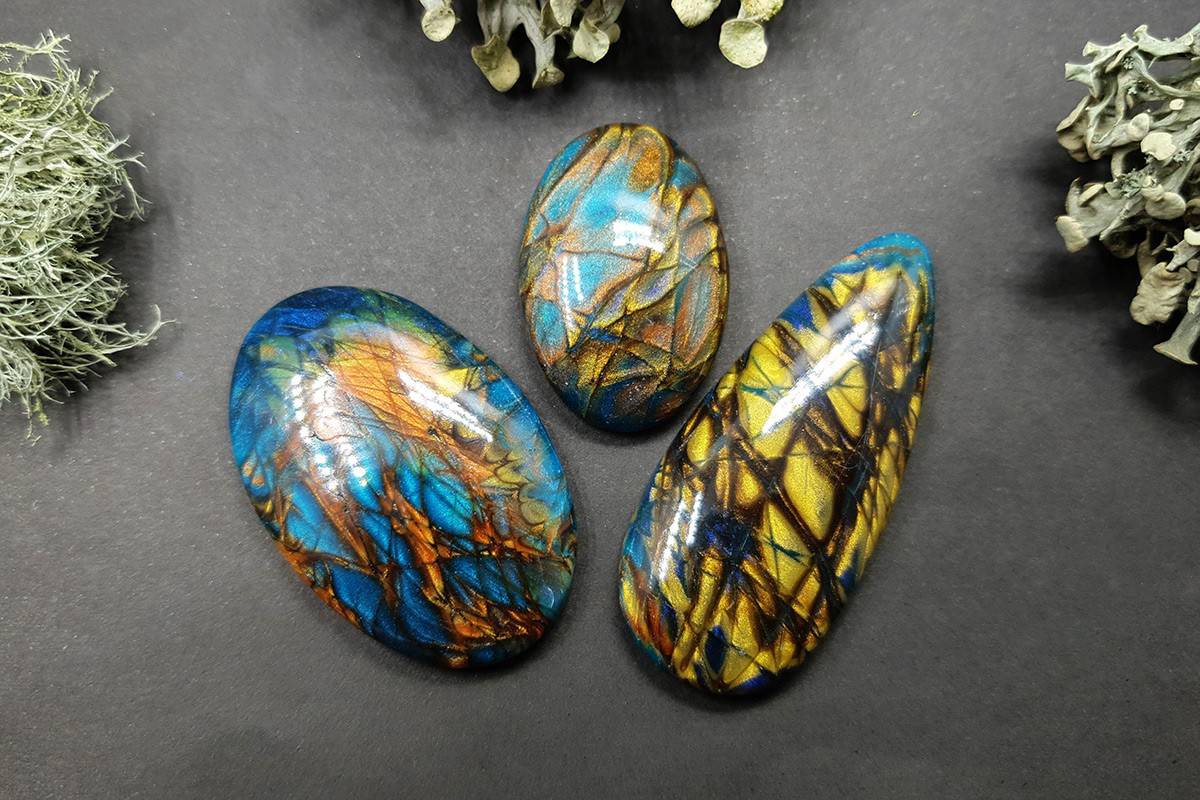 3 cabochons Faux Labradorite Stone, Polymer Clay Cabochons SweetyBijou Cabochons