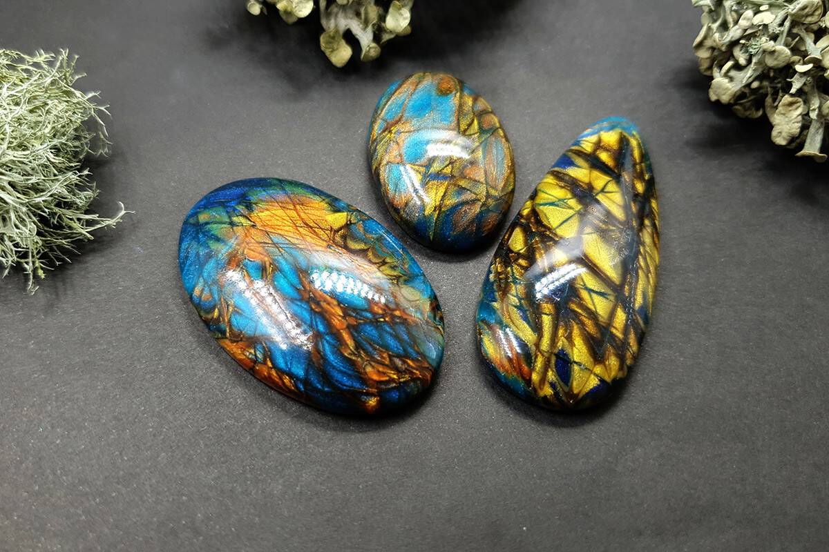 3 cabochons Faux Labradorite Stone, Polymer Clay Cabochons SweetyBijou Cabochons