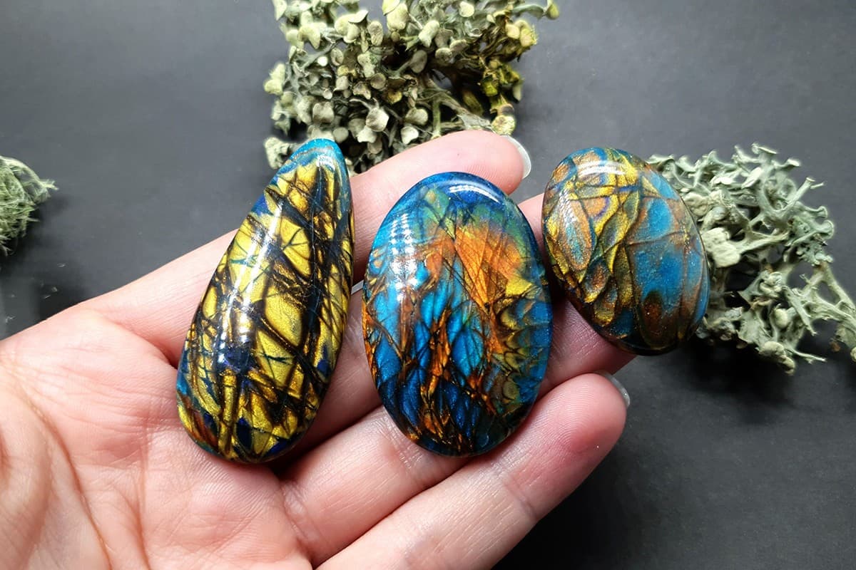 3 cabochons Faux Labradorite Stone, Polymer Clay Cabochons SweetyBijou Cabochons