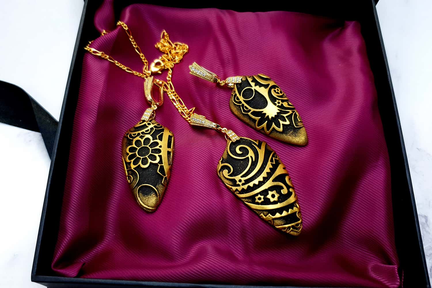Jewelry Set "Golden Flowers on Black" Jewelry Set SweetyBijou Jewelry